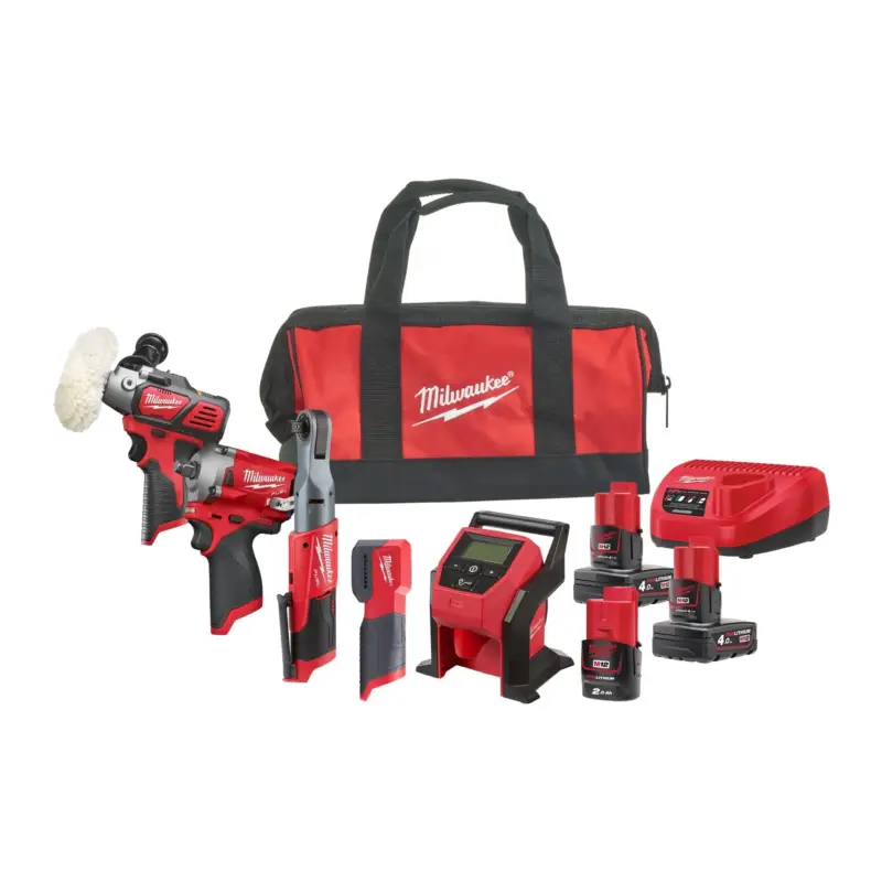 Goedkoop Milwaukee M12 FPP5A-423B Powerpack met 5 machines - 12V 2x4.0/1x2.0Ah - in tas - 4933492514 (Milwaukee gereedschapset)